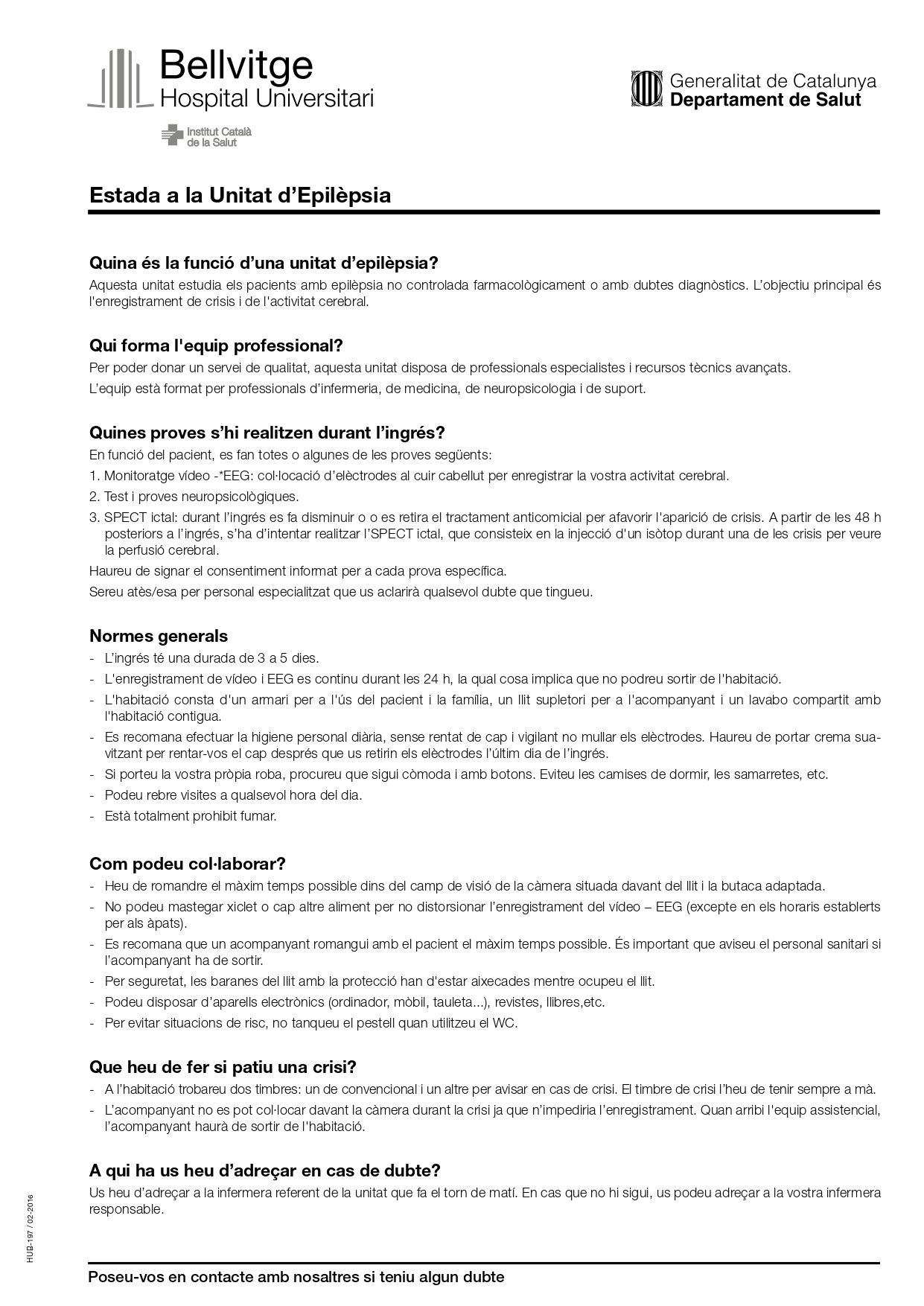 full informatiu Estada a la Unitat d’Epilèpsia